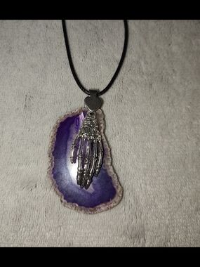 Purple Agate Slice Necklace with Skeleton Hand Pendant - Handmade Jewelry